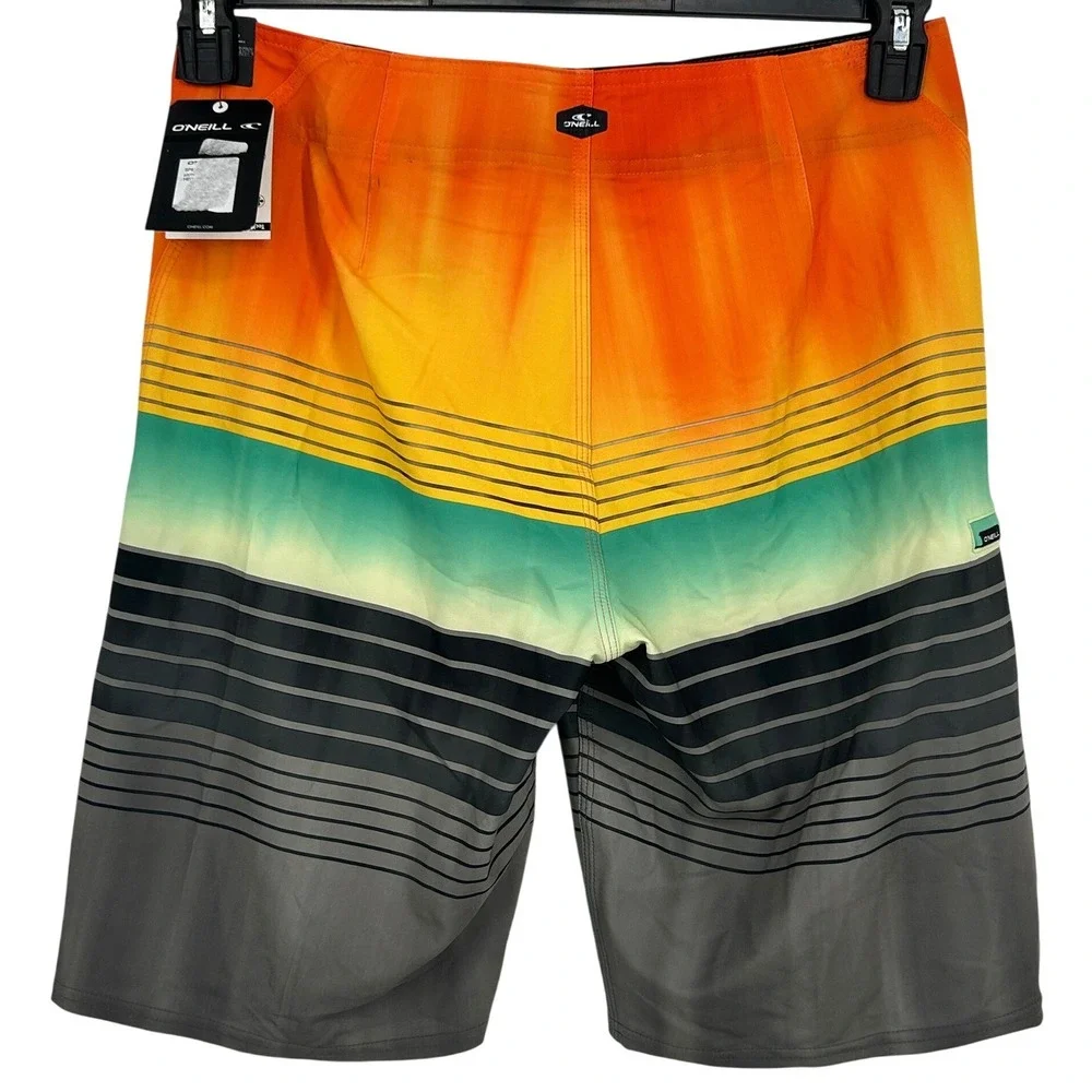 ONeill Hyperfreak Mens Board Shorts Size 31 Orange Striped Performance Swim - CJ